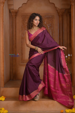 Shubh Lakshmi ~ Handloom Pure Mysore Silk Crepe Saree in Maroon and Pink (Silk Mark Certified) - verymuchindian.com