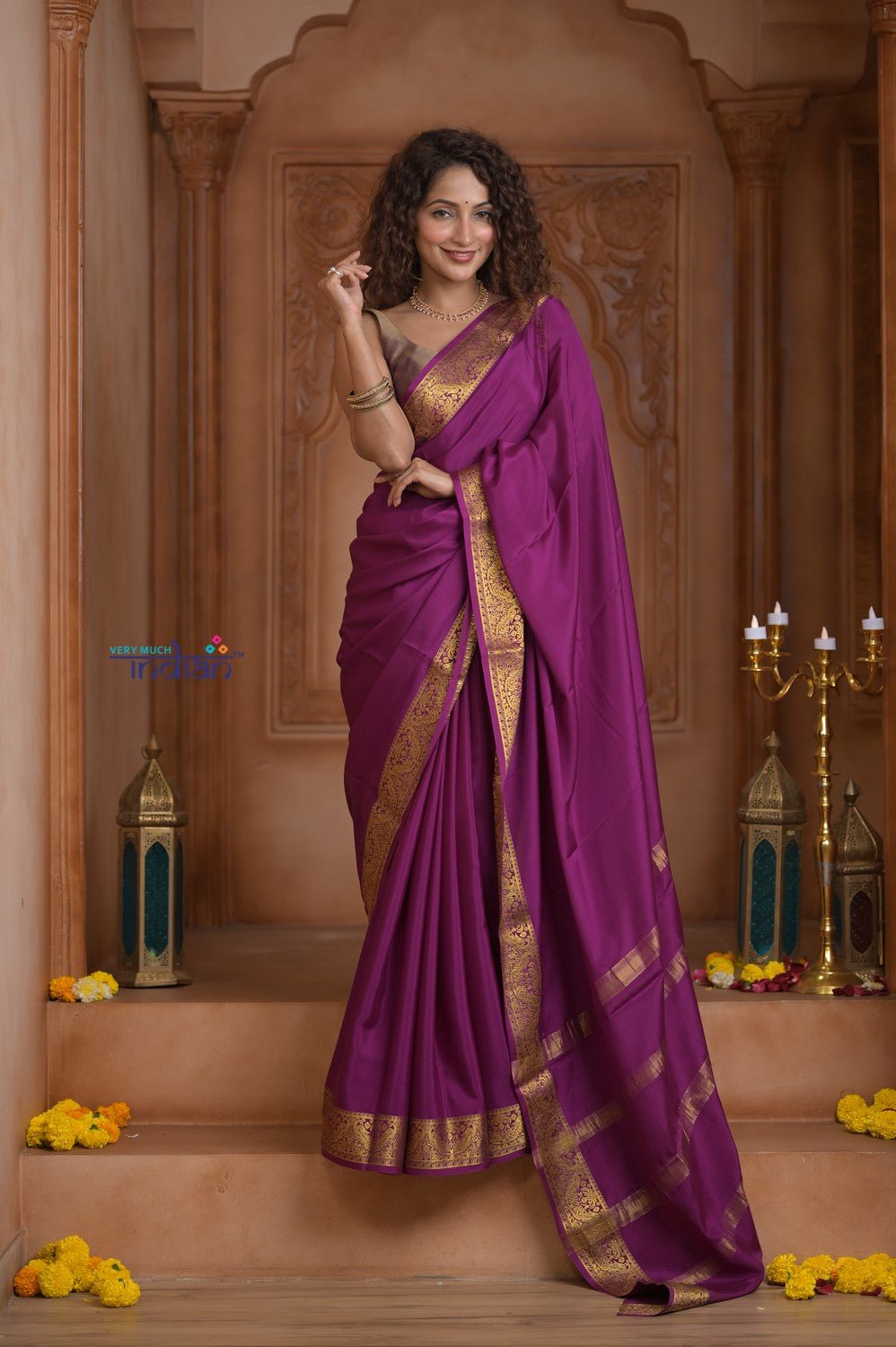 Shubh Lakshmi ~ Handloom Pure Mysore Silk Crepe Saree in Mauve Pink (Silk Mark Certified) - verymuchindian.com