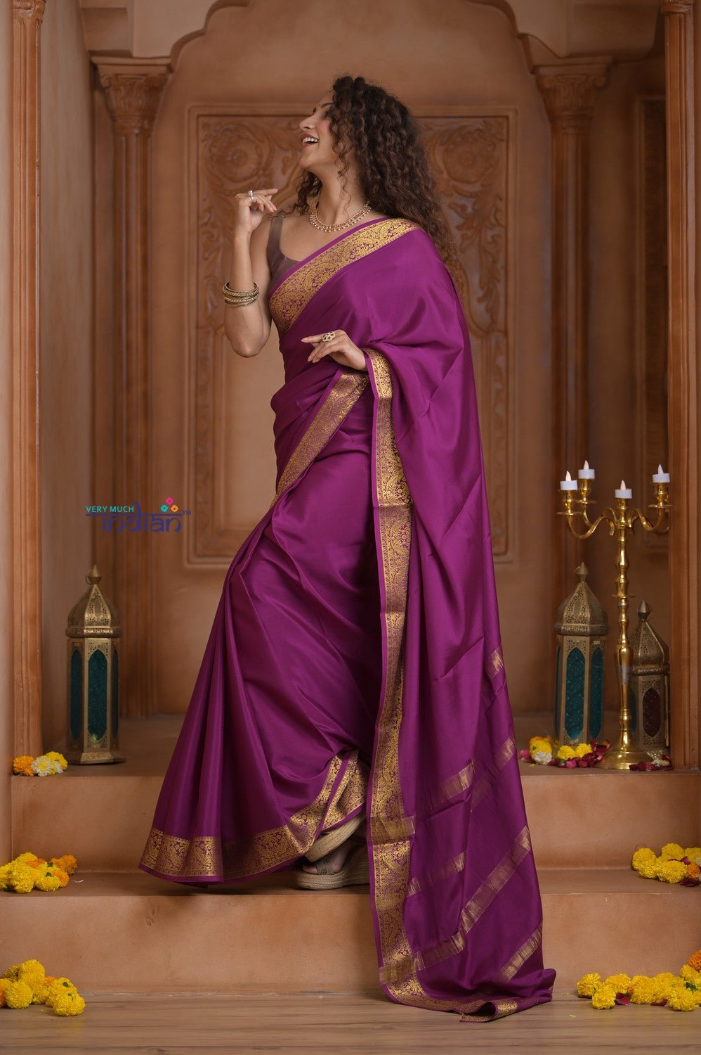 Shubh Lakshmi ~ Handloom Pure Mysore Silk Crepe Saree in Mauve Pink (Silk Mark Certified) - verymuchindian.com
