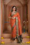 Shubh Lakshmi ~ Handloom Pure Mysore Silk Crepe Saree in Orange and Brown (Silk Mark Certified) - verymuchindian.com