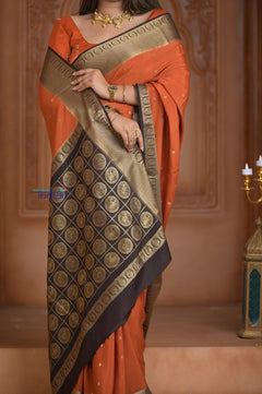 Shubh Lakshmi ~ Handloom Pure Mysore Silk Crepe Saree in Orange and Brown (Silk Mark Certified) - verymuchindian.com