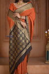 Shubh Lakshmi ~ Handloom Pure Mysore Silk Crepe Saree in Orange and Brown (Silk Mark Certified) - verymuchindian.com