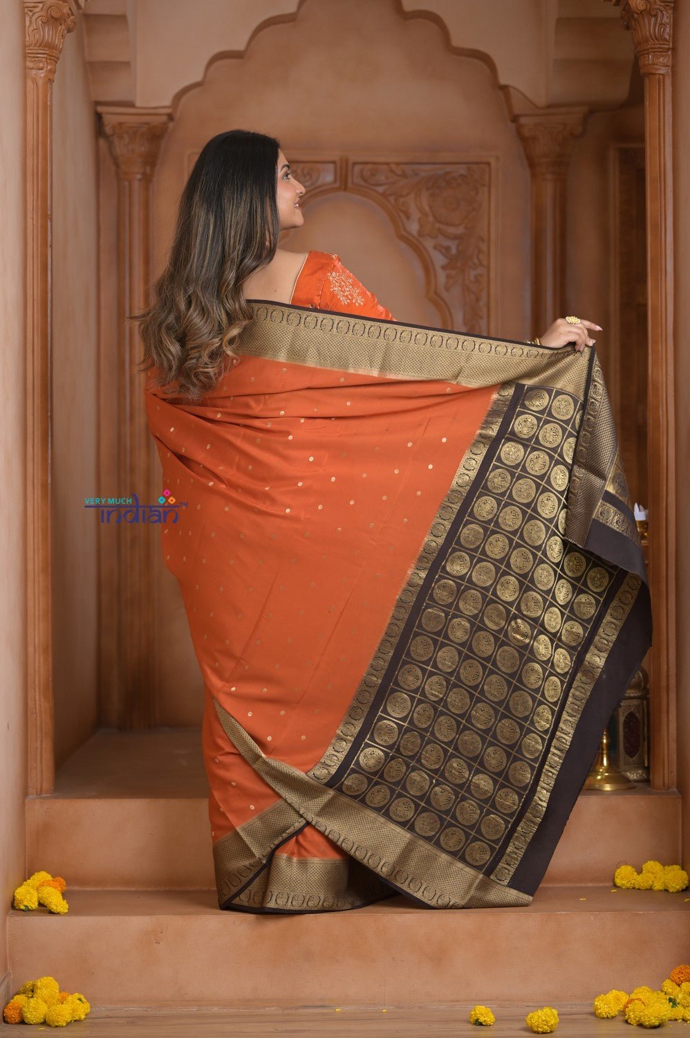 Shubh Lakshmi ~ Handloom Pure Mysore Silk Crepe Saree in Orange and Brown (Silk Mark Certified) - verymuchindian.com