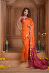Shubh Lakshmi ~ Handloom Pure Mysore Silk Crepe Saree in Orange and Pink (Silk Mark Certified) - verymuchindian.com