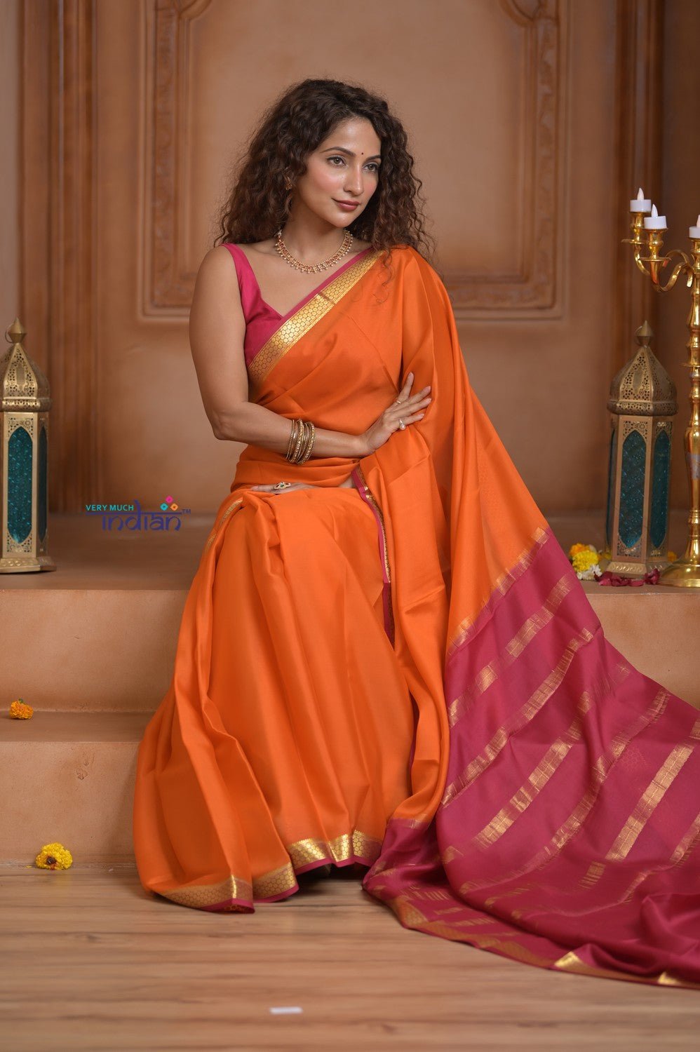 Shubh Lakshmi ~ Handloom Pure Mysore Silk Crepe Saree in Orange and Pink (Silk Mark Certified) - verymuchindian.com
