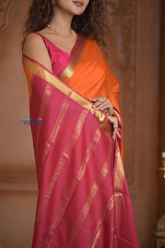 Shubh Lakshmi ~ Handloom Pure Mysore Silk Crepe Saree in Orange and Pink (Silk Mark Certified) - verymuchindian.com
