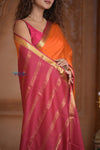 Shubh Lakshmi ~ Handloom Pure Mysore Silk Crepe Saree in Orange and Pink (Silk Mark Certified) - verymuchindian.com