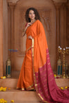 Shubh Lakshmi ~ Handloom Pure Mysore Silk Crepe Saree in Orange and Pink (Silk Mark Certified) - verymuchindian.com