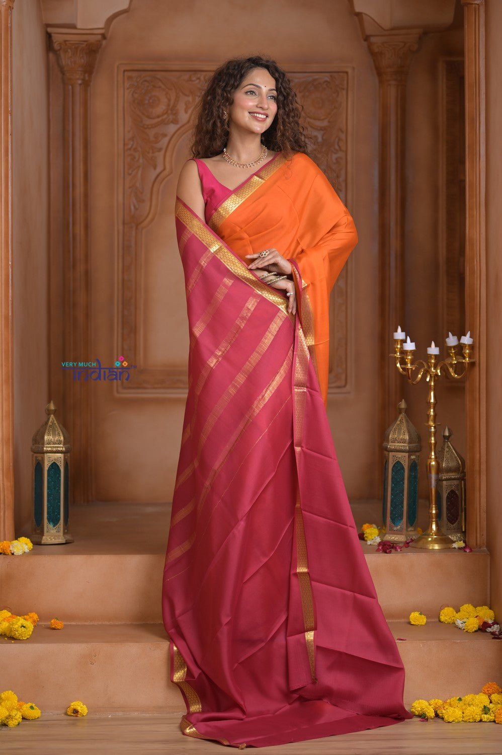 Shubh Lakshmi ~ Handloom Pure Mysore Silk Crepe Saree in Orange and Pink (Silk Mark Certified) - verymuchindian.com