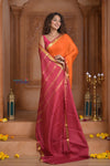 Shubh Lakshmi ~ Handloom Pure Mysore Silk Crepe Saree in Orange and Pink (Silk Mark Certified) - verymuchindian.com