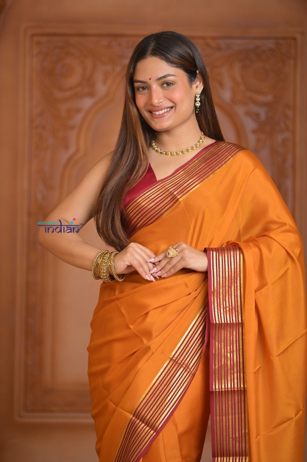 Shubh Lakshmi ~ Handloom Pure Mysore Silk Crepe Saree in Orange and Red (Silk Mark Certified) - verymuchindian.com