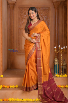 Shubh Lakshmi ~ Handloom Pure Mysore Silk Crepe Saree in Orange and Red (Silk Mark Certified) - verymuchindian.com