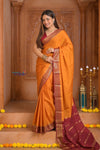 Shubh Lakshmi ~ Handloom Pure Mysore Silk Crepe Saree in Orange and Red (Silk Mark Certified) - verymuchindian.com