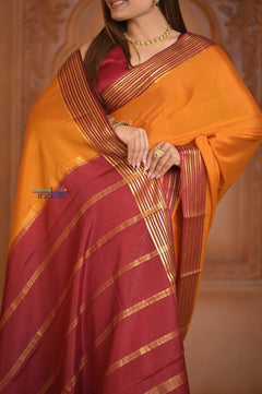 Shubh Lakshmi ~ Handloom Pure Mysore Silk Crepe Saree in Orange and Red (Silk Mark Certified) - verymuchindian.com