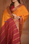 Shubh Lakshmi ~ Handloom Pure Mysore Silk Crepe Saree in Orange and Red (Silk Mark Certified) - verymuchindian.com