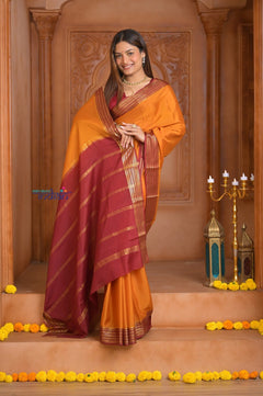 Shubh Lakshmi ~ Handloom Pure Mysore Silk Crepe Saree in Orange and Red (Silk Mark Certified) - verymuchindian.com