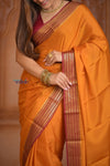 Shubh Lakshmi ~ Handloom Pure Mysore Silk Crepe Saree in Orange and Red (Silk Mark Certified) - verymuchindian.com