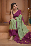 Shubh Lakshmi ~ Handloom Pure Mysore Silk Crepe Saree in Pista Green and Mauve Pink (Silk Mark Certified) - verymuchindian.com