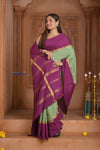 Shubh Lakshmi ~ Handloom Pure Mysore Silk Crepe Saree in Pista Green and Mauve Pink (Silk Mark Certified) - verymuchindian.com