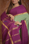 Shubh Lakshmi ~ Handloom Pure Mysore Silk Crepe Saree in Pista Green and Mauve Pink (Silk Mark Certified) - verymuchindian.com