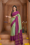 Shubh Lakshmi ~ Handloom Pure Mysore Silk Crepe Saree in Pista Green and Mauve Pink (Silk Mark Certified) - verymuchindian.com