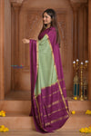 Shubh Lakshmi ~ Handloom Pure Mysore Silk Crepe Saree in Pista Green and Mauve Pink (Silk Mark Certified) - verymuchindian.com