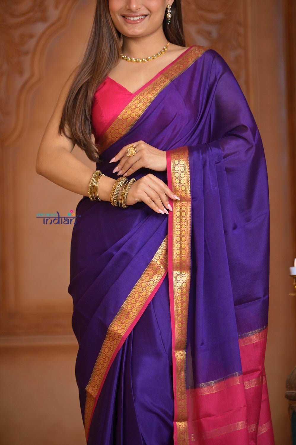 Shubh Lakshmi ~ Handloom Pure Mysore Silk Crepe Saree in Purple and Pink (Silk Mark Certified) - verymuchindian.com