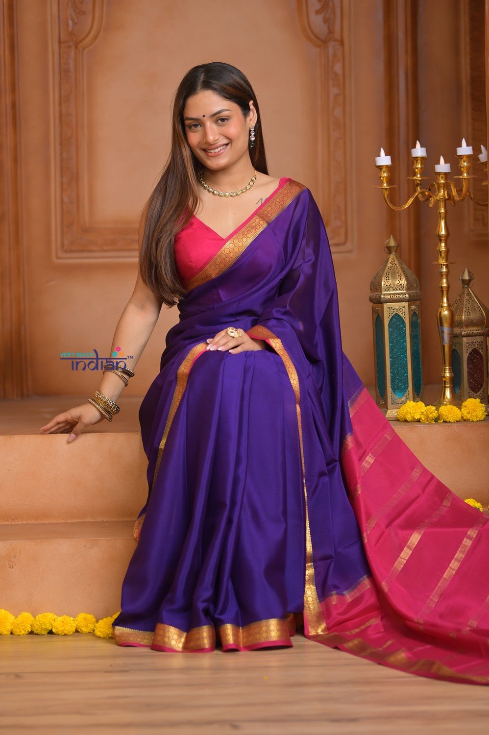 Shubh Lakshmi ~ Handloom Pure Mysore Silk Crepe Saree in Purple and Pink (Silk Mark Certified) - verymuchindian.com