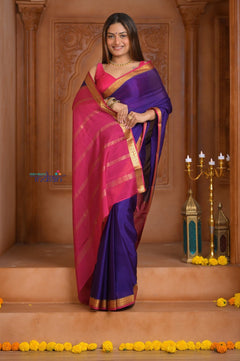 Shubh Lakshmi ~ Handloom Pure Mysore Silk Crepe Saree in Purple and Pink (Silk Mark Certified) - verymuchindian.com