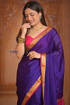 Shubh Lakshmi ~ Handloom Pure Mysore Silk Crepe Saree in Purple and Pink (Silk Mark Certified) - verymuchindian.com