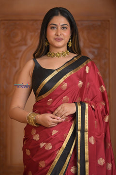 Shubh Lakshmi ~ Handloom Pure Mysore Silk Crepe Saree in Red and Black Gold (Silk Mark Certified) - verymuchindian.com