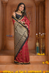 Shubh Lakshmi ~ Handloom Pure Mysore Silk Crepe Saree in Red and Black Gold (Silk Mark Certified) - verymuchindian.com