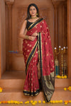 Shubh Lakshmi ~ Handloom Pure Mysore Silk Crepe Saree in Red and Black Gold (Silk Mark Certified) - verymuchindian.com