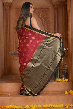 Shubh Lakshmi ~ Handloom Pure Mysore Silk Crepe Saree in Red and Black Gold (Silk Mark Certified) - verymuchindian.com