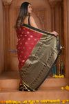 Shubh Lakshmi ~ Handloom Pure Mysore Silk Crepe Saree in Red and Black Gold (Silk Mark Certified) - verymuchindian.com