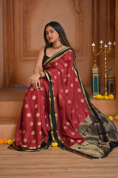 Shubh Lakshmi ~ Handloom Pure Mysore Silk Crepe Saree in Red and Black Gold (Silk Mark Certified) - verymuchindian.com