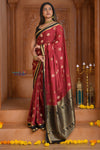 Shubh Lakshmi ~ Handloom Pure Mysore Silk Crepe Saree in Red and Black Gold (Silk Mark Certified) - verymuchindian.com