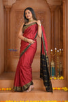Shubh Lakshmi ~ Handloom Pure Mysore Silk Crepe Saree in Red and Black (Silk Mark Certified) - verymuchindian.com