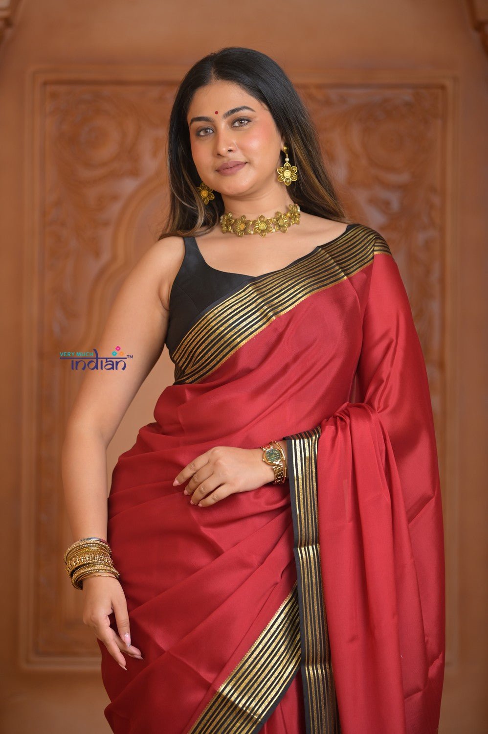 Shubh Lakshmi ~ Handloom Pure Mysore Silk Crepe Saree in Red and Black (Silk Mark Certified) - verymuchindian.com
