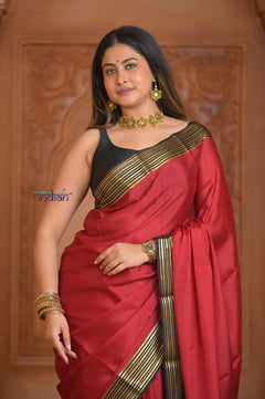 Shubh Lakshmi ~ Handloom Pure Mysore Silk Crepe Saree in Red and Black (Silk Mark Certified) - verymuchindian.com