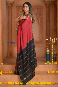 Shubh Lakshmi ~ Handloom Pure Mysore Silk Crepe Saree in Red and Black (Silk Mark Certified) - verymuchindian.com