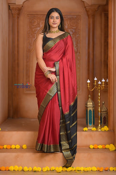Shubh Lakshmi ~ Handloom Pure Mysore Silk Crepe Saree in Red and Black (Silk Mark Certified) - verymuchindian.com