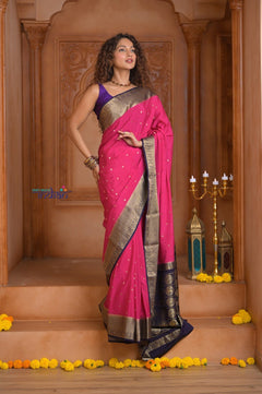 Shubh Lakshmi ~ Handloom Pure Mysore Silk Crepe Saree in Rose Pink and Violet (Silk Mark Certified) - verymuchindian.com