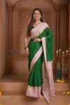 Shubh Lakshmi ~ Handloom Pure Mysore Silk Crepe Saree in Royal Green and Blush Pink (Silk Mark Certified) - verymuchindian.com