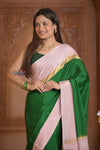 Shubh Lakshmi ~ Handloom Pure Mysore Silk Crepe Saree in Royal Green and Blush Pink (Silk Mark Certified) - verymuchindian.com