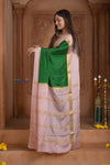 Shubh Lakshmi ~ Handloom Pure Mysore Silk Crepe Saree in Royal Green and Blush Pink (Silk Mark Certified) - verymuchindian.com