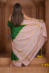 Shubh Lakshmi ~ Handloom Pure Mysore Silk Crepe Saree in Royal Green and Blush Pink (Silk Mark Certified) - verymuchindian.com