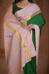 Shubh Lakshmi ~ Handloom Pure Mysore Silk Crepe Saree in Royal Green and Blush Pink (Silk Mark Certified) - verymuchindian.com
