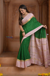 Shubh Lakshmi ~ Handloom Pure Mysore Silk Crepe Saree in Royal Green and Blush Pink (Silk Mark Certified) - verymuchindian.com