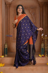 Shubh Lakshmi ~ Handloom Pure Mysore Silk Crepe Saree in Salient Orange and Blue (Silk Mark Certified) - verymuchindian.com